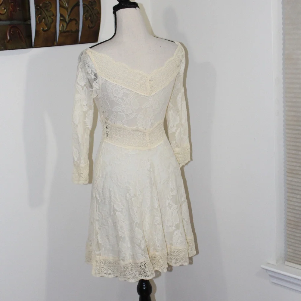 Free People, Cream color lace V neckline dress Lacey Affair